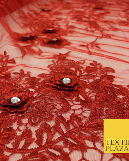 RED 3D Flower Trio Scalloped Embroidered Net Lace Dress Fancy Bridal 1583