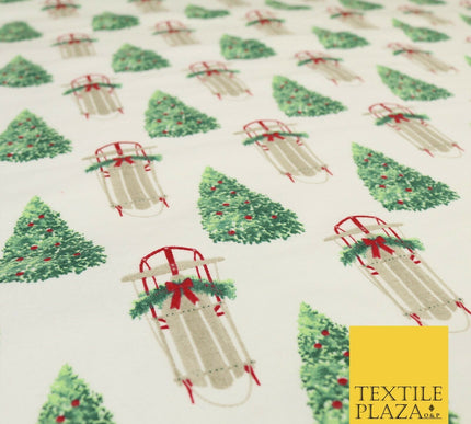 White Christmas Tree Sleigh Winceyette Soft Brushed Cotton Print Fabric 1620
