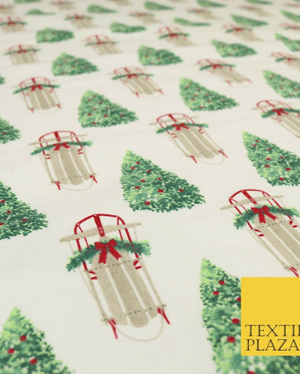 White Christmas Tree Sleigh Winceyette Soft Brushed Cotton Print Fabric 1620