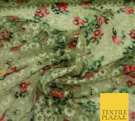 Green Floral Digital Printed Embroidered Net Lace Dress Fabric Fashion 1766
