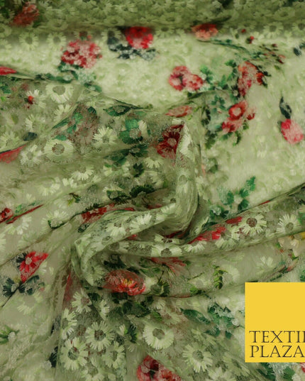 Green Floral Digital Printed Embroidered Net Lace Dress Fabric Fashion 1766