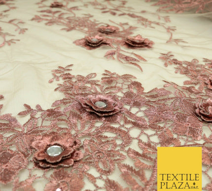 DUSTY PINK 3D Flower Trio Scalloped Embroidered Net Lace Dress Fancy Bridal 1582