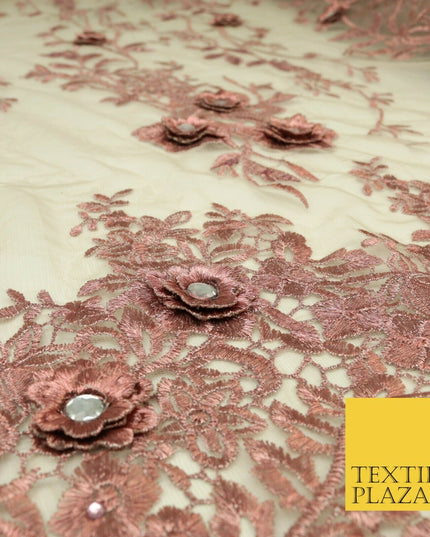 DUSTY PINK 3D Flower Trio Scalloped Embroidered Net Lace Dress Fancy Bridal 1582