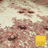 DUSTY PINK 3D Flower Trio Scalloped Embroidered Net Lace Dress Fancy Bridal 1582