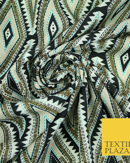 Black Abstract Aztec Diamond Rhombus Printed Crepe Polyester Dress Fabric 2733