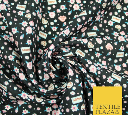 Black Pink Ditsy Small Floral Happy Printed Crepe Polyester Dress Fabric 2728