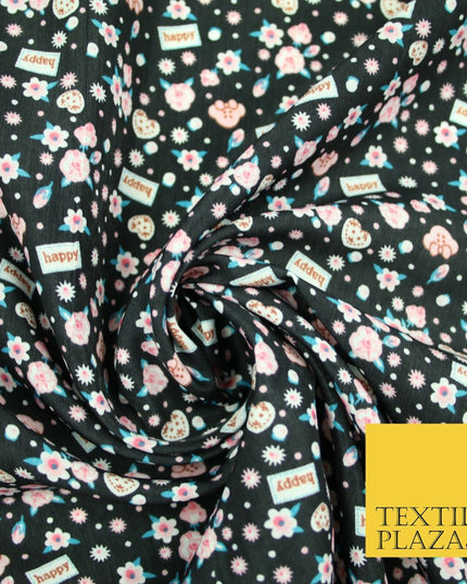 Black Pink Ditsy Small Floral Happy Printed Crepe Polyester Dress Fabric 2728