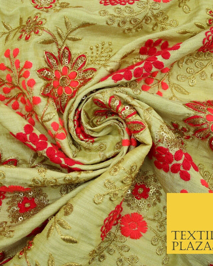 Beige Gold Faux Raw Silk with Cerise Pink Coral Floral Embroidery Fabric 2700