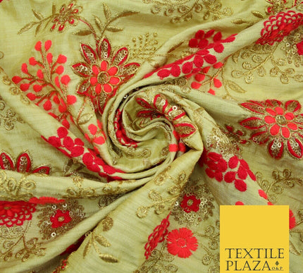 Beige Gold Faux Raw Silk with Cerise Pink Coral Floral Embroidery Fabric 2700