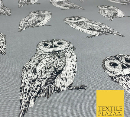 Silver Grey Large Vintage Owls 100% COTTON CANVAS Printed Fabric Craft 58" 1711