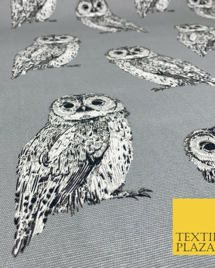 Silver Grey Large Vintage Owls 100% COTTON CANVAS Printed Fabric Craft 58" 1711