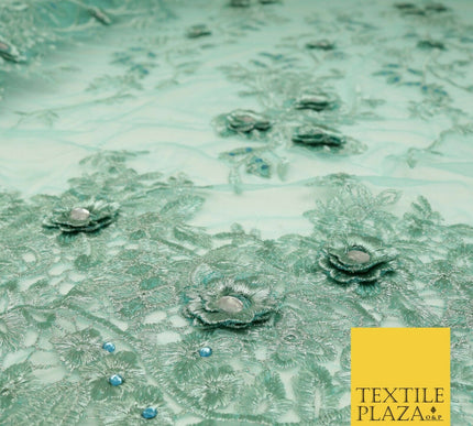 SEA GREEN 3D Flower Trio Scalloped Embroidered Net Lace Dress Fancy Bridal 1586