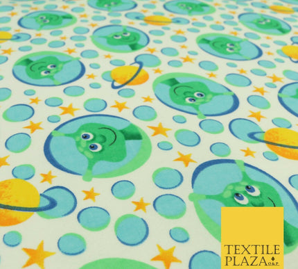 White Aliens Planets Stars Winceyette Soft Brushed Cotton Print Fabric Kids 1580