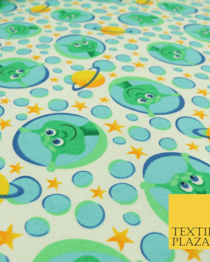 White Aliens Planets Stars Winceyette Soft Brushed Cotton Print Fabric Kids 1580