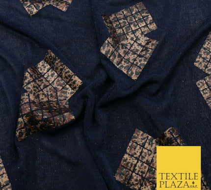 NAVY BLUE Leopard Waffle Cube Metallic Glitter Stretch Jersey Fabric - 59" 1576
