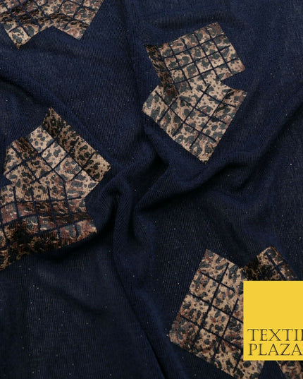 NAVY BLUE Leopard Waffle Cube Metallic Glitter Stretch Jersey Fabric - 59" 1576