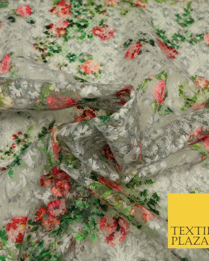 Grey Floral Digital Printed Embroidered Net Lace Dress Fabric Fashion 1767