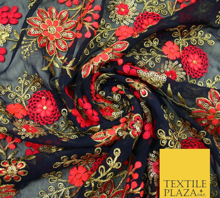 Dark Navy Blue Georgette with Cerise Pink Coral Floral Embroidery Fabric 2701