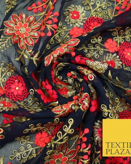 Dark Navy Blue Georgette with Cerise Pink Coral Floral Embroidery Fabric 2701