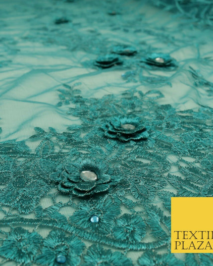 DEEP TEAL 3D Flower Trio Scalloped Embroidered Net Lace Dress Fancy Bridal 1584