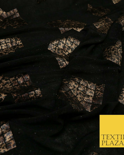 BLACK Leopard Waffle Cube Metallic Glitter Stretch Jersey Fabric - 59" 1573