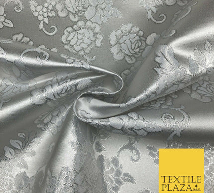 SILVER Ornamental Flower Ornate Rose Brocade Dress Fabric Metallic Woven 1398