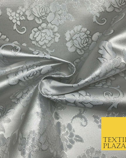 SILVER Ornamental Flower Ornate Rose Brocade Dress Fabric Metallic Woven 1398