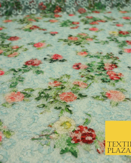 Dusty Blue Floral Digital Printed Embroidered Net Lace Dress Fabric Fashion 1764