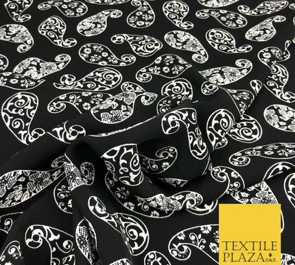Black White Fancy Paisley Digital Print Stretch Crepe Dress Fabric Craft 1319