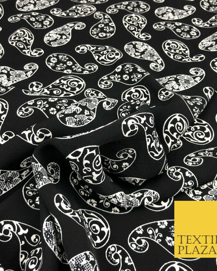Black White Fancy Paisley Digital Print Stretch Crepe Dress Fabric Craft 1319