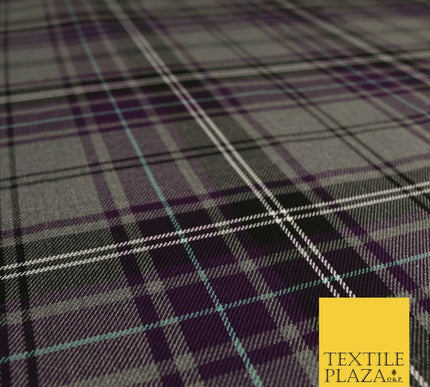 GREY PURPLE TARTAN Check Polyester Viscose Fabric 58" Craft Dress 1631