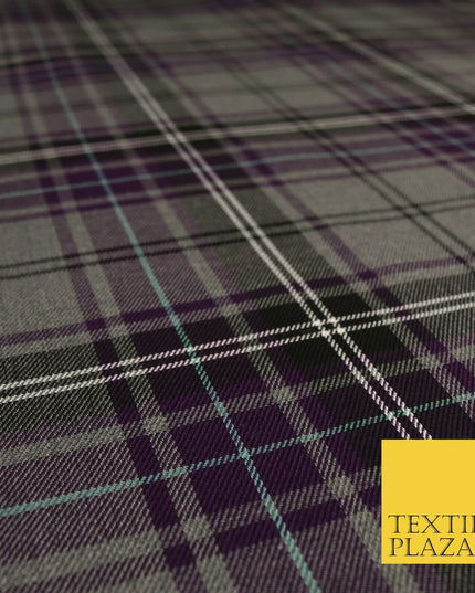 GREY PURPLE TARTAN Check Polyester Viscose Fabric 58" Craft Dress 1631