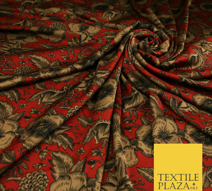 Luxury Red / Navy Antique Floral Woodland Printed Charmeuse Satin Dress Fabric