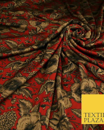 Luxury Red / Navy Antique Floral Woodland Printed Charmeuse Satin Dress Fabric