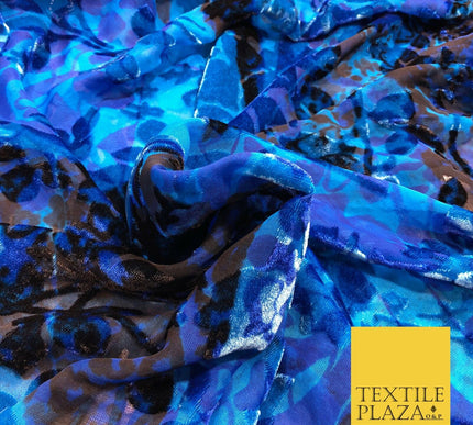 Blue & Black Velvet Devore Floral Silk Burnout Brasso Fabric - 45" PE961