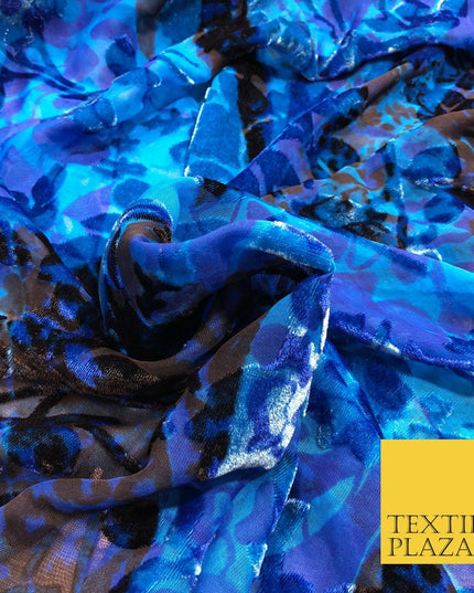 Blue & Black Velvet Devore Floral Silk Burnout Brasso Fabric - 45" PE961