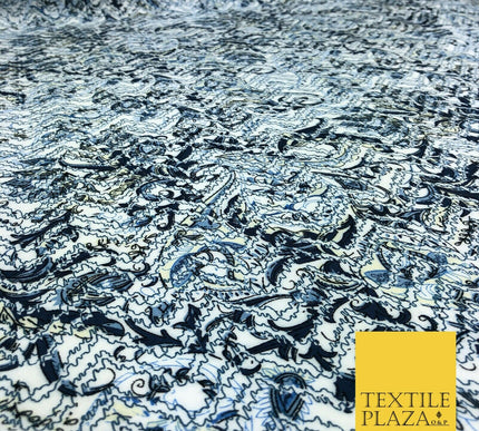 White Blue Abstract Digital Print Spun Rayon Viscose Dress Fabric Craft 59" 1318