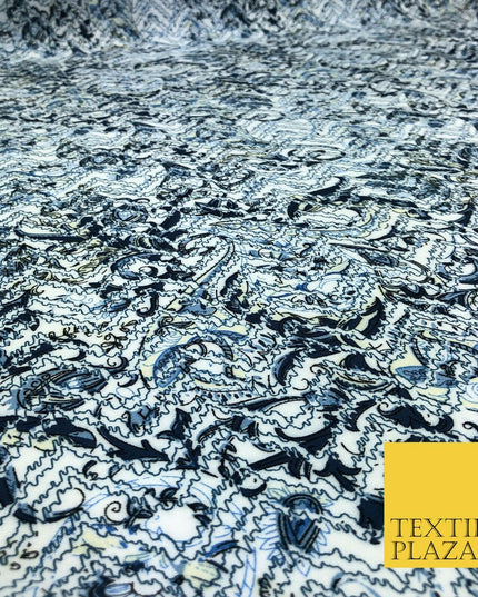 White Blue Abstract Digital Print Spun Rayon Viscose Dress Fabric Craft 59" 1318