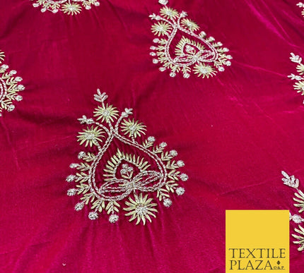 CERISE PINK Ornamental Teardrop Cluster Embroidered Velvet Dress Fabric 1772