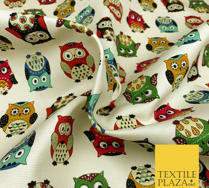 Ivory Cream Owls 100% COTTON CANVAS Printed Fabric Colourful Craft 58" 1709