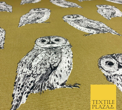 OLIVE Large Vintage Owls 100% COTTON CANVAS Printed Fabric Craft 58" 1710