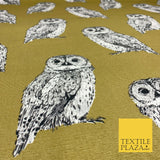 OLIVE Large Vintage Owls 100% COTTON CANVAS Printed Fabric Craft 58" 1710