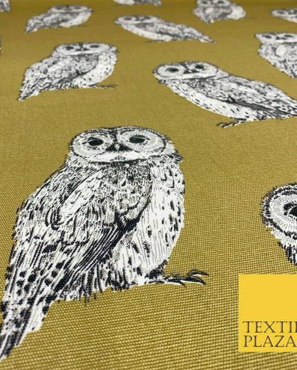 OLIVE Large Vintage Owls 100% COTTON CANVAS Printed Fabric Craft 58" 1710