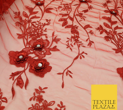 RED 3D Flower Trio Scalloped Embroidered Net Lace Dress Fancy Bridal 1583