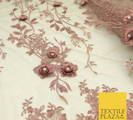 DUSTY PINK 3D Flower Trio Scalloped Embroidered Net Lace Dress Fancy Bridal 1582