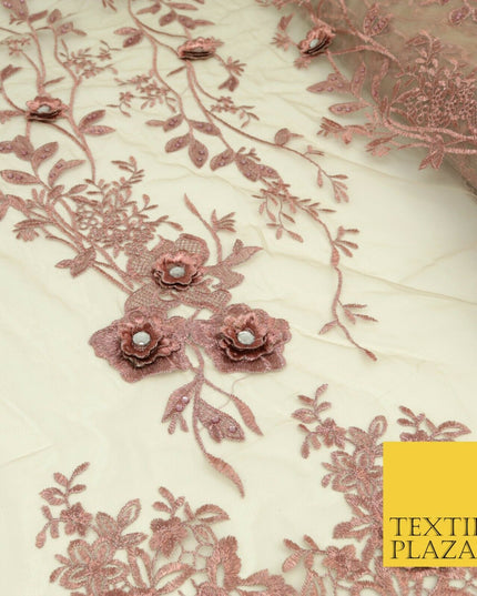 DUSTY PINK 3D Flower Trio Scalloped Embroidered Net Lace Dress Fancy Bridal 1582