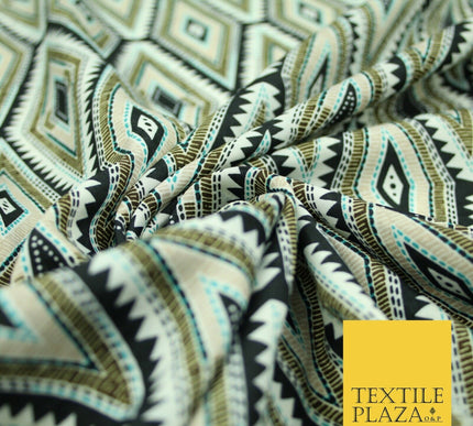 Black Abstract Aztec Diamond Rhombus Printed Crepe Polyester Dress Fabric 2733