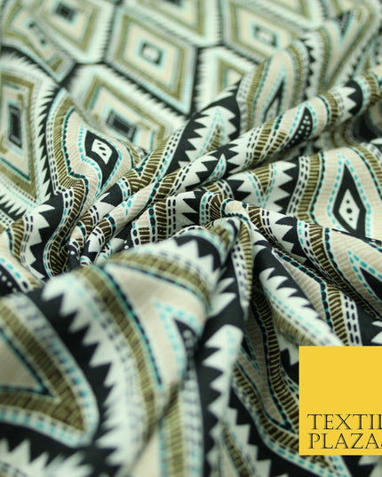 Black Abstract Aztec Diamond Rhombus Printed Crepe Polyester Dress Fabric 2733