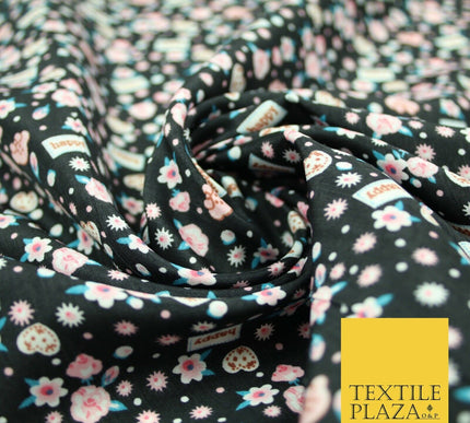Black Pink Ditsy Small Floral Happy Printed Crepe Polyester Dress Fabric 2728