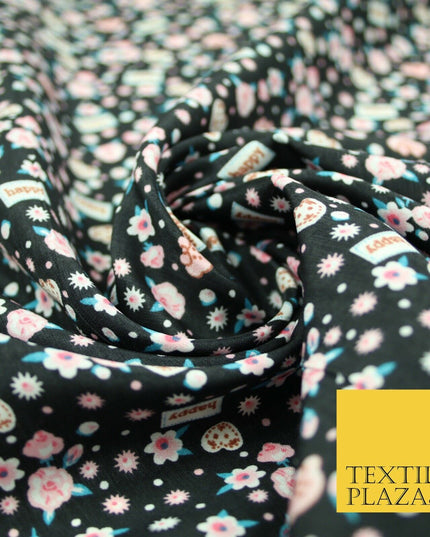 Black Pink Ditsy Small Floral Happy Printed Crepe Polyester Dress Fabric 2728